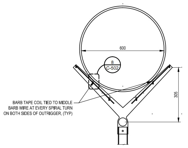 Barbed tape coil tied to middle barb wire at every spiral turn on both sides of outrigger