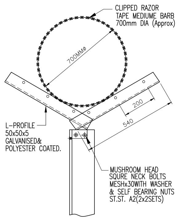 Clipped Razor Tape Medium Barb in 700mm Coil Supported by Post Bracket